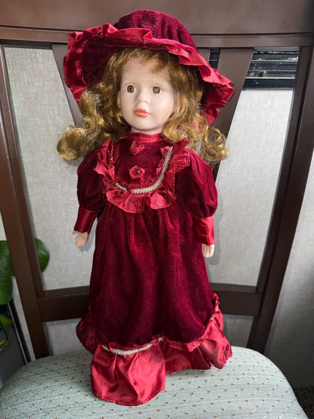 16” Victorian Red Velvet Porcelain Doll w Bonnet and Shoes Excellent Condition